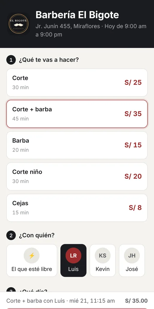 Página de reservas en línea de una barbería
