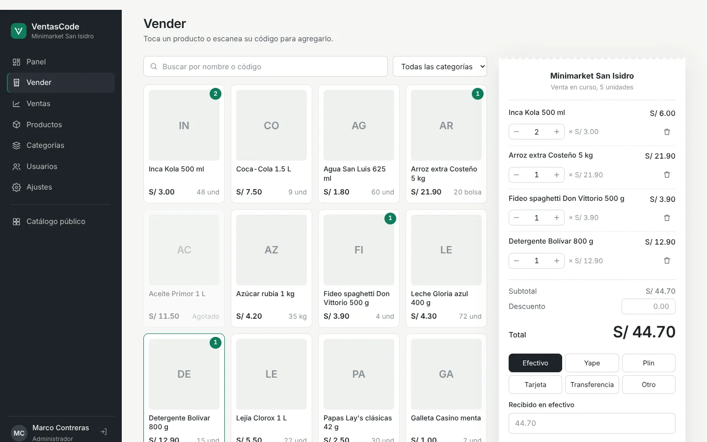 Pantalla de venta de VentasCode con productos y el ticket